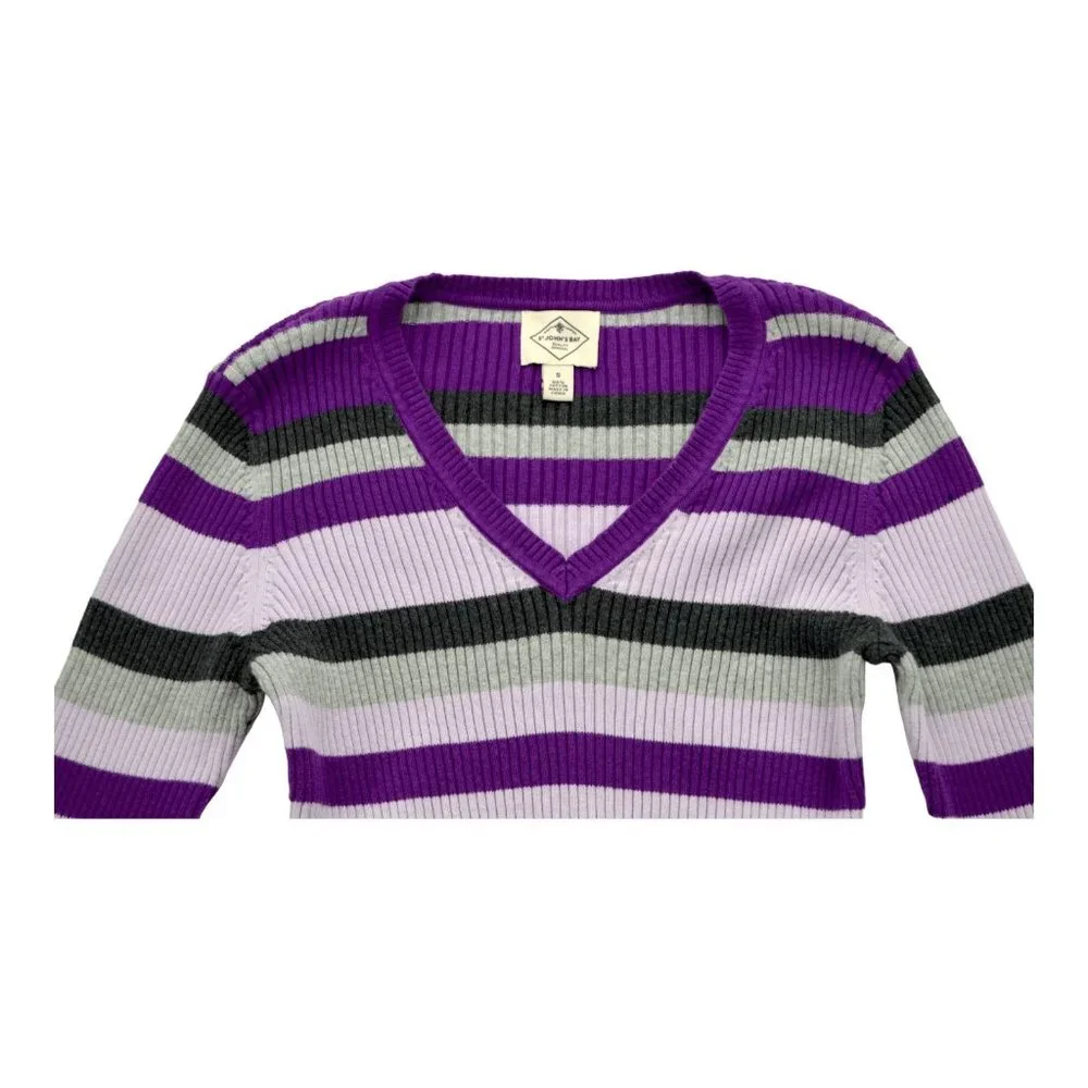 St Johns Bay‎ Top Size S Purples Grays Striped Ribbed V Neck Long Sleeve Casual